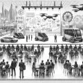 DALL·E 2023 12 28 15.00.39 A pencil drawn landscape image of a high tech supply chain and logistics conference. The scene includes people of diverse descents and genders activel