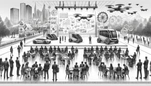 DALL·E 2023 12 28 15.00.39 A pencil drawn landscape image of a high tech supply chain and logistics conference. The scene includes people of diverse descents and genders activel