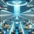 DALL·E 2024 01 31 18.02.59 A futuristic sci fi themed header image for a blog post about the future of warehousing. The image showcases a vast advanced warehouse under a high