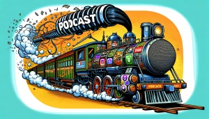 An engine with box cars depicting a podcast and the many content items it generates