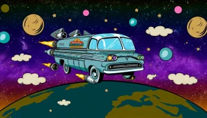 DALL·E 2024 04 18 16.10.12 A 1960s sci fi comic book style illustration of a futuristic delivery van in space. The van is styled like a classic 1960s vehicle but equipped with r