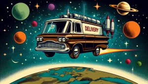 DALL·E 2024 04 18 16.19.24 A 1960s sci fi comic book style illustration of a futuristic delivery van in space resembling a classic delivery van but without recognizable logos
