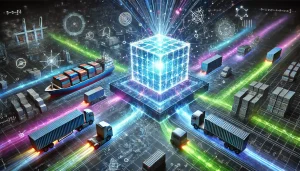 DALL·E 2024 10 18 09.30.45 A futuristic digital art scene representing the concept of Unlocking Supply Chain Efficiency with Quantum Computing A Paradigm Shift. The image sho