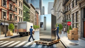 DALL·E 2024 12 04 09.14.30 A photorealistic image of a refrigerator being delivered on a busy city street. The scene includes delivery workers in uniform carefully moving a larg