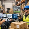 Humans working with technology in a warehouse