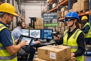 Humans working with technology in a warehouse