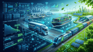 A truck, train and ship combined with stats to show sustainability